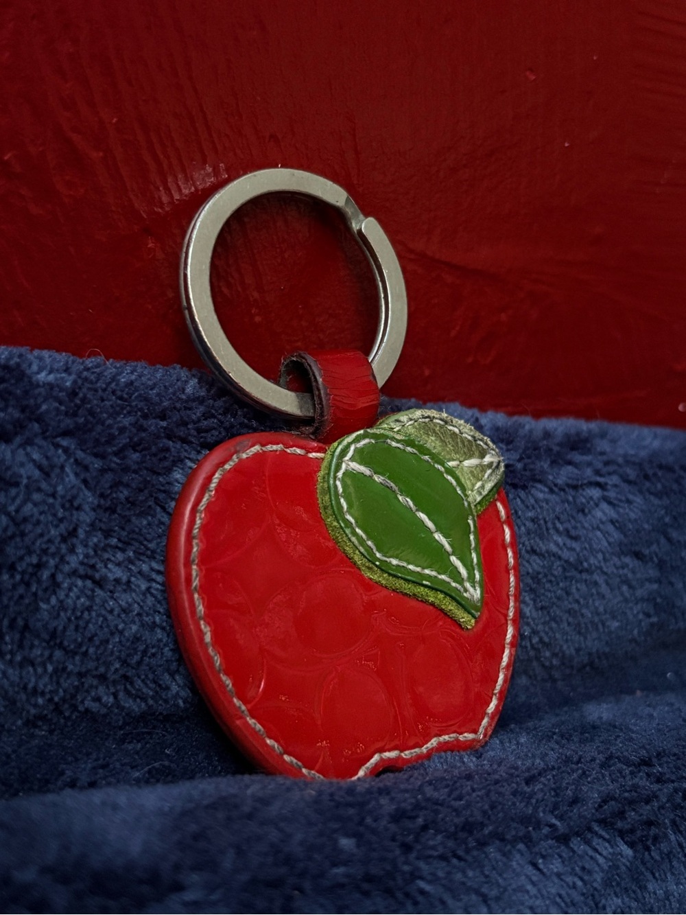 Coach Red Apple Leather Keychain with Green Leaf